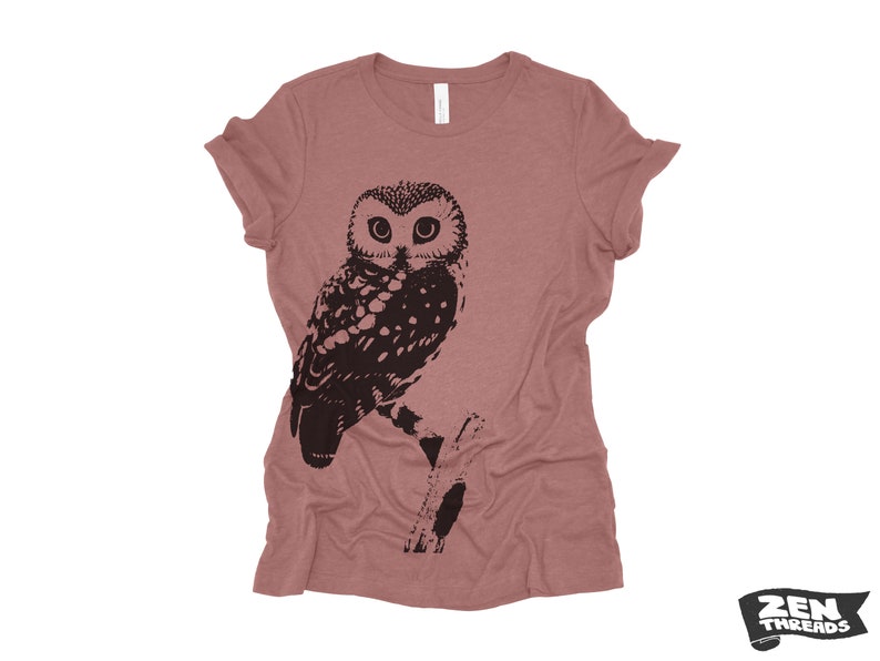 Womens OWL Relaxed fit vintage soft eco print ladies boyfriend T-Shirt Colors custom bird watching forest hiking camping nature animal Heather Mauve