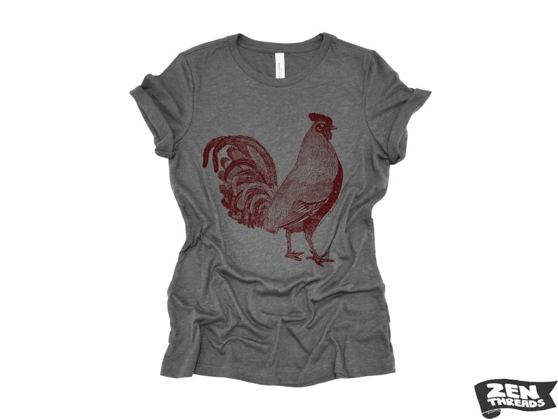 Womens ROOSTER Relaxed Fit T Shirt farm bird hen country tee Colors Available custom ladies boyfriend crew shirt farmer Deep Heather Grey