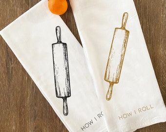 Flour Sack Kitchen Towels ROLLING PIN 28x33 Flour Sack Bar Natural Cotton tea towel gift funny tea towel