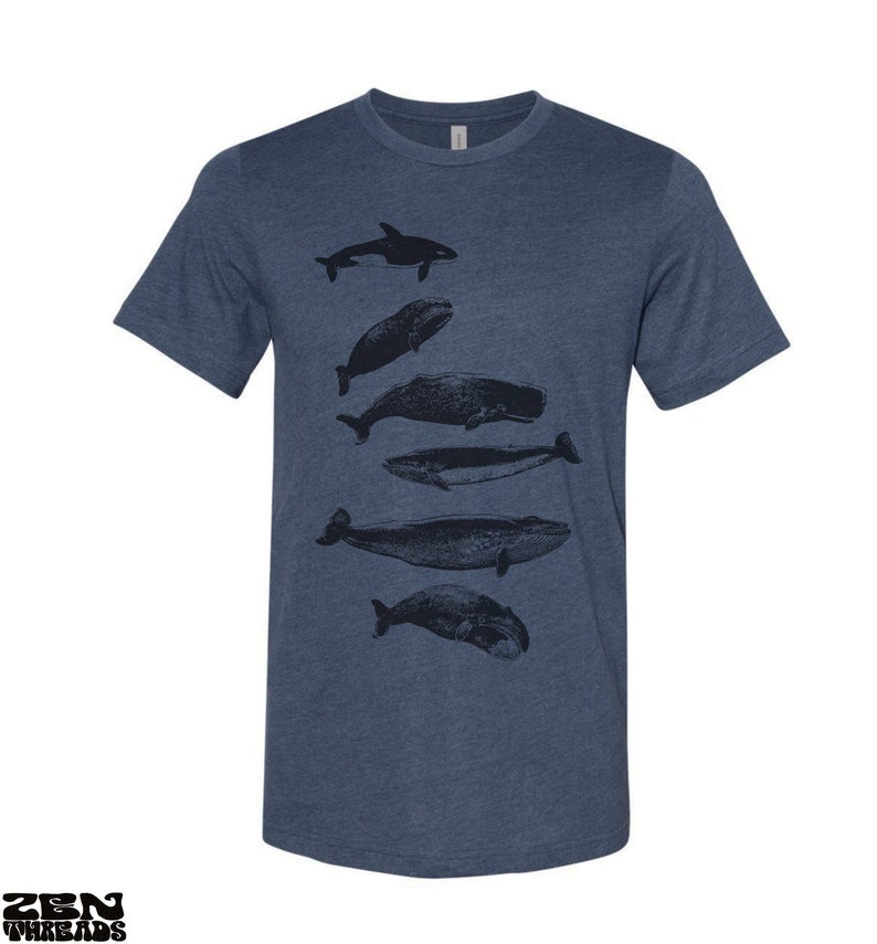 WHALES Unisex mens womens t shirt zen threads screen printed custom color printed tee ocean beach orca beluga humpback watching sea life Heather Navy