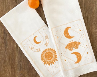 Set of 2 - Large Flour Sack Towels Tarot Card Set Bar Kitchen Gift Organic Natural Cotton tea towel gift