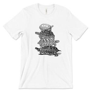 Turtle Stack T-Shirt: Unisex Bella Canvas Tee, Custom Color Print - Turtles all the way down White