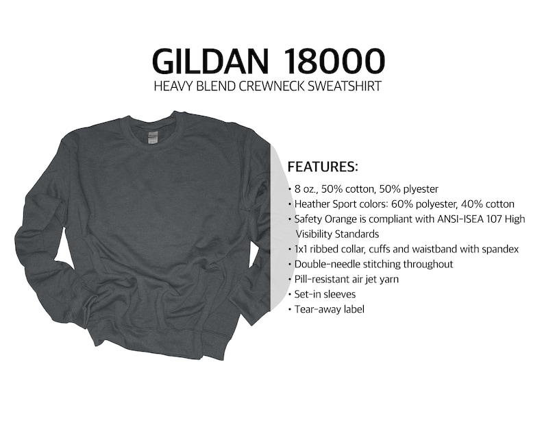 Puede incluir: Sudadera de cuello redondo Gildan 18000 Heavy Blend gris oscuro. Incluye cuello, pu&ntilde;os y cintura acanalados con spandex, costuras de doble aguja e hilo de chorro de aire resistente a las bolitas. La sudadera es de 8 oz, 50% algod&oacute;n y 50% poli&eacute;ster.