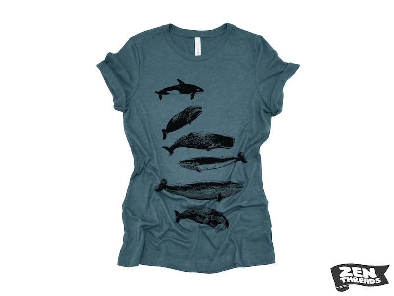 Womens WHALES t shirt Custom Printed eco soft printed ladies relaxed crew neck tee orca beach whale watching ocean print boyfriend ladies Heather Deep Teal