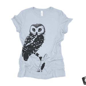 Womens OWL Relaxed fit vintage soft eco print ladies boyfriend T-Shirt Colors custom bird watching forest hiking camping nature animal Heather Prism Blue