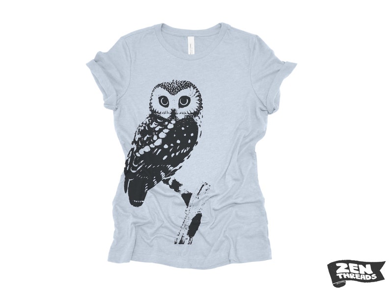 Womens OWL Relaxed fit vintage soft eco print ladies boyfriend T-Shirt Colors custom bird watching forest hiking camping nature animal Heather Prism Blue