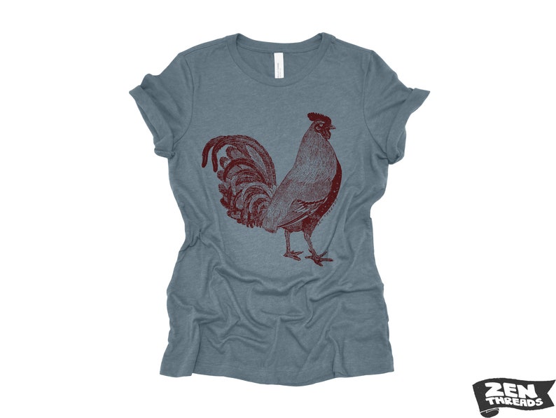 Womens ROOSTER Relaxed Fit T Shirt farm bird hen country tee Colors Available custom ladies boyfriend crew shirt farmer Heather Slate