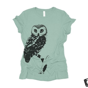 Womens OWL Relaxed fit vintage soft eco print ladies boyfriend T-Shirt Colors custom bird watching forest hiking camping nature animal Dusty Blue