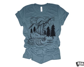 PROTECT & RESPECT Unisex mens women's T-Shirt personnalisé couleur imprimé tee randonnée camping voyage parc national forêt paysage illustration