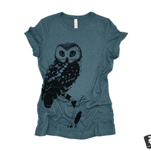 Womens OWL Relaxed fit vintage soft eco print ladies boyfriend T-Shirt Colors custom bird watching forest hiking camping nature animal Heather Deep Teal