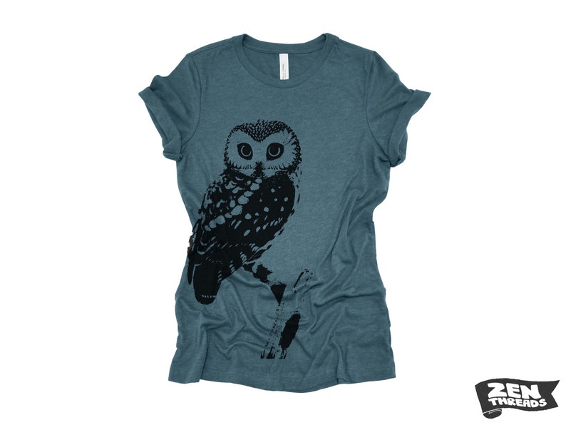 Womens OWL Relaxed fit vintage soft eco print ladies boyfriend T-Shirt Colors custom bird watching forest hiking camping nature animal Heather Deep Teal