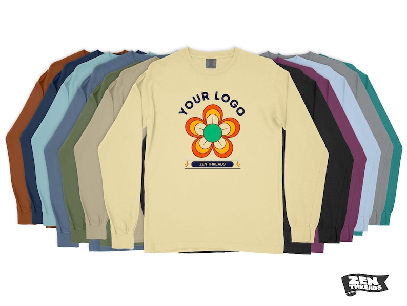 Pode incluir: Um conjunto de dez camisas de manga comprida em v&aacute;rias cores, com um gr&aacute;fico de flor retr&ocirc; com o texto "Your Logo" e "Zen Threads".