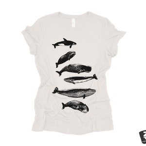 Womens WHALES t shirt Custom Printed eco soft printed ladies relaxed crew neck tee orca beach whale watching ocean print boyfriend ladies Vintage White