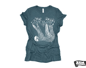 Womens Sloth T-Shirt: Live Slow Relaxed Fit Bella Canvas Tee