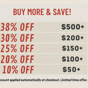 May include: A promotional graphic with the text "BUY MORE & SAVE!" in red. It lists discounts ranging from 10% to 38% off, with corresponding spending thresholds from &pound;50 to &pound;500+. The text "Discount applied automatically at checkout. Limited time offer." is also included.
