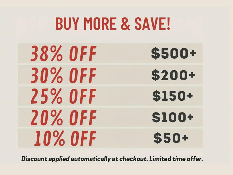 May include: A promotional graphic with the text "BUY MORE & SAVE!" in red. It lists discounts ranging from 10% to 38% off, with corresponding spending thresholds from &pound;50 to &pound;500+. The text "Discount applied automatically at checkout. Limited time offer." is also included.