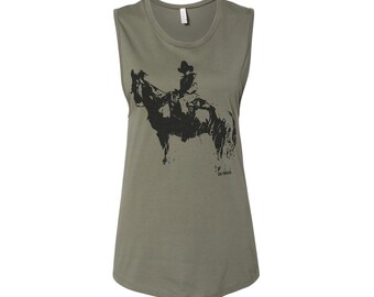Womens COWBOY and HORSE Flowy Muscle Tank workout fitness tee western theme top t-shirt