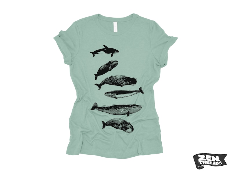 Womens WHALES t shirt Custom Printed eco soft printed ladies relaxed crew neck tee orca beach whale watching ocean print boyfriend ladies Dusty Blue