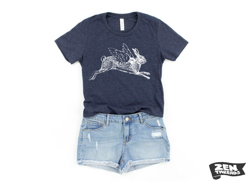 Womens Flying RABBIT T-Shirt printed Colors Available custom hare wings bunny tee top ladies relaxed boyfriend fit crew spring easter Heather Navy