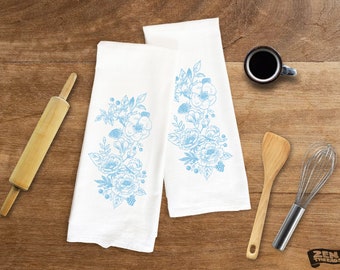 Vintage Blue Flowers - Large 28x33" Flour Sack Kitchen Bar Natural Cotton tea towel housewarming hostess gift home decor tea towel napkins