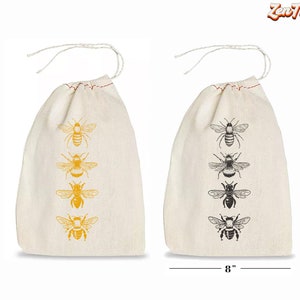 Bees Gift Bags Set: Printed Cotton Muslin Drawstring Favor Sacks