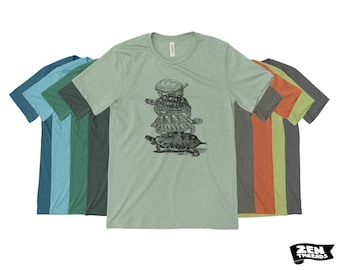 Turtle Stack T-Shirt: Unisex Bella Canvas Tee, Custom Color Print - Turtles all the way down