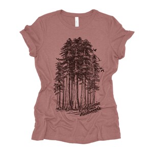 Womens California Redwoods Boyfriend Tee: Trees Park Hiking T-Shirt Bella Canvas Heather Mauve
