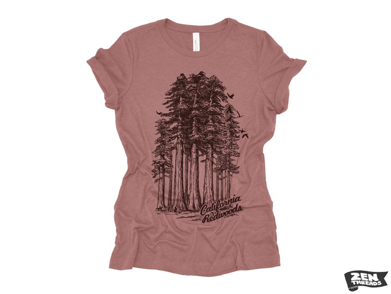 Womens California Redwoods Boyfriend Tee: Trees Park Hiking T-Shirt Bella Canvas Heather Mauve