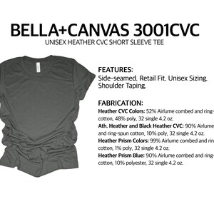 May include: A dark gray short-sleeved t-shirt made from a blend of cotton and polyester. The t-shirt is unisex and has a retail fit. It is side-seamed and has shoulder taping. The t-shirt is made by Bella + Canvas and is model number 3001CVC.