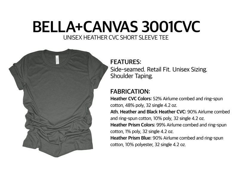 May include: A dark gray short-sleeved t-shirt made from a blend of cotton and polyester. The t-shirt is unisex and has a retail fit. It is side-seamed and has shoulder taping. The t-shirt is made by Bella + Canvas and is model number 3001CVC.