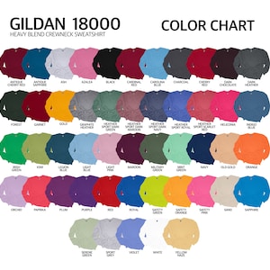 Puede incluir: Una carta de colores para sudaderas de cuello redondo Gildan 18000. La carta muestra una variedad de colores, incluyendo Antique Cherry Red, Ash, Azalea, Black, Carolina Blue, Charcoal, Cherry Red, Forest, Garnet, Gold, y m&aacute;s. El texto "COLOR CHART" est&aacute; en la parte superior.