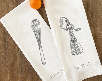 Set of 2 - Large Flour Sack Towels Pun Whip & Mixer Set Bar Kitchen Gift Organic Natural Cotton tea towel gift funny tea towel