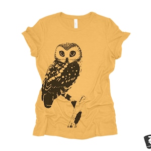 Womens OWL Relaxed fit vintage soft eco print ladies boyfriend T-Shirt Colors custom bird watching forest hiking camping nature animal Heather Mustard