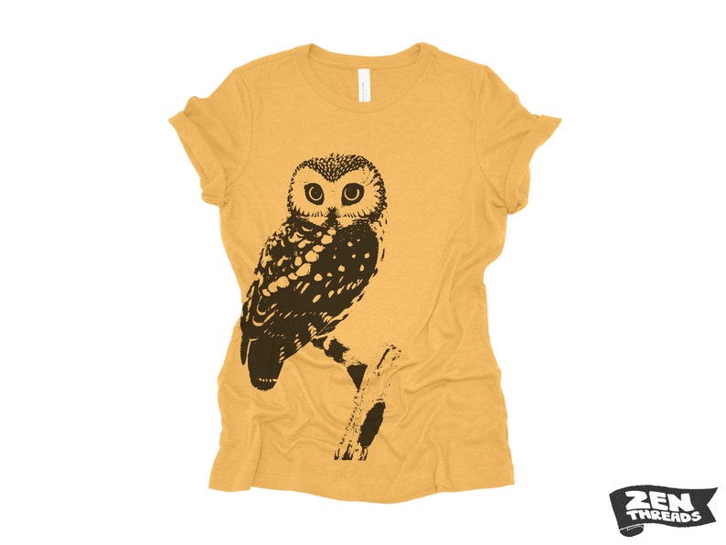 Womens OWL Relaxed fit vintage soft eco print ladies boyfriend T-Shirt Colors custom bird watching forest hiking camping nature animal Heather Mustard