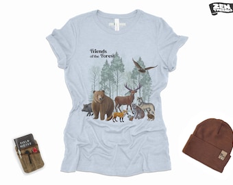 T-shirt petit ami Forest Friends pour femme, paysage, t-shirt en jersey décontracté, fils zen, toile Bella, randonnée personnalisée, camping, cadeau nature montagnes