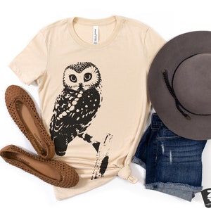 Womens OWL Relaxed fit vintage soft eco print ladies boyfriend T-Shirt Colors custom bird watching forest hiking camping nature animal Soft Cream