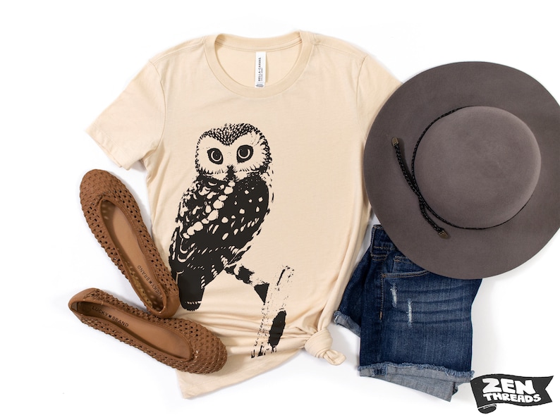 Womens OWL Relaxed fit vintage soft eco print ladies boyfriend T-Shirt Colors custom bird watching forest hiking camping nature animal Soft Cream