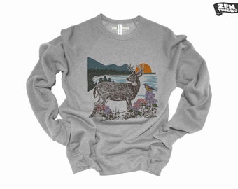 Unisex Fleece Crewneck Deer Landscape Super Soft Fleece Bella Canvas Sweatshirt mens womens vintage style 3901 nature hiking gift