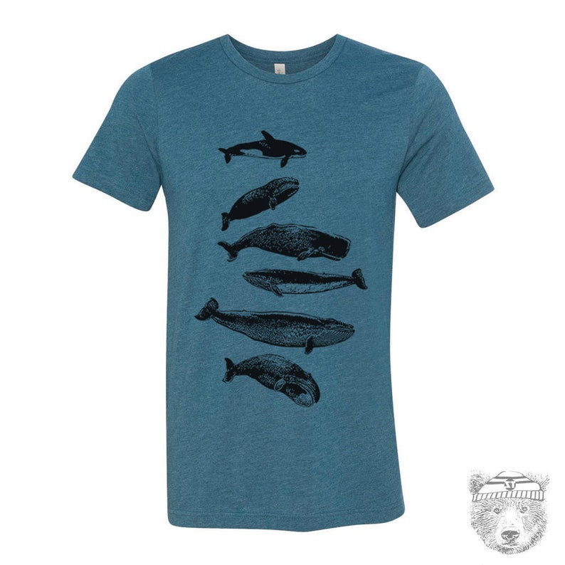 WHALES Unisex mens womens t shirt zen threads screen printed custom color printed tee ocean beach orca beluga humpback watching sea life H. Deep Teal