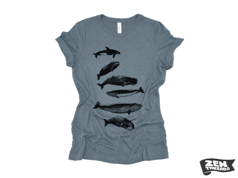 Womens WHALES t shirt Custom Printed eco soft printed ladies relaxed crew neck tee orca beach whale watching ocean print boyfriend ladies Heather Slate