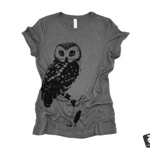 Womens OWL Relaxed fit vintage soft eco print ladies boyfriend T-Shirt Colors custom bird watching forest hiking camping nature animal Deep Heather