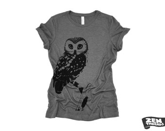 Womens OWL Relaxed fit vintage soft eco print ladies boyfriend T-Shirt  (+ Colors) custom bird watching forest hiking camping nature animal