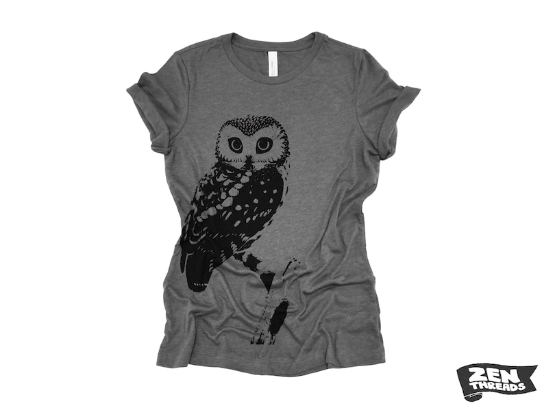 Womens OWL Relaxed fit vintage soft eco print ladies boyfriend T-Shirt Colors custom bird watching forest hiking camping nature animal Deep Heather
