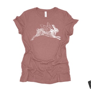 Womens Flying RABBIT T-Shirt printed Colors Available custom hare wings bunny tee top ladies relaxed boyfriend fit crew spring easter Heather Mauve