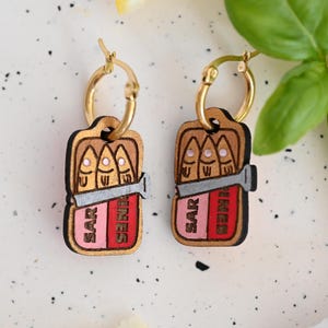 Sardine Tin Hoop Earrings – Fun Food Jewelry – Quirky Wood Earrings with Gold Stainless Steel Hoops