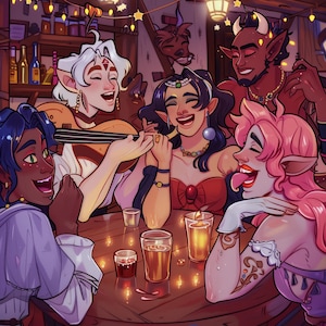 May include: An illustration depicting a jovial tavern scene. Several characters with fantastical features, such as horns and pointed ears, are gathered around a wooden table, laughing and drinking. The warm lighting and details create a welcoming atmosphere.