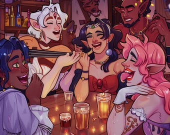 Puede incluir: Ilustración de una animada escena de taberna. Un grupo de personajes con rasgos únicos, incluyendo cuernos y orejas puntiagudas, se reúne alrededor de una mesa de madera, riendo y bebiendo. La cálida iluminación y los detalles crean un ambiente acogedor.