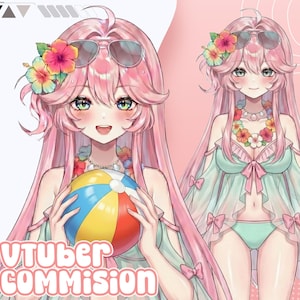 Op de afbeelding: Anime-stijl illustratie van een personage met lang roze haar, een zonnebril en een bloemenhoofddeksel. Het personage houdt een strandbal vast en draagt een bloemenketting. De tekst "VTUBER COMMISSION" staat onderaan.