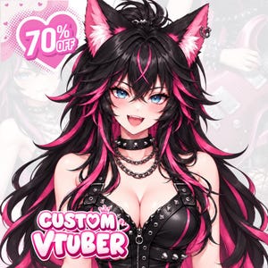 Op de afbeelding: Een anime-stijl personage met lang zwart haar met felroze strepen en kattenoren. Het personage draagt een zwarte halsband met studs, gelaagde kettingen en een zwart lederlook lijfje met zilveren studs. Tekst: 70% OFF en CUSTOM VTUBER.