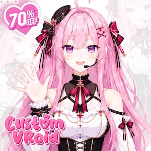 May include: An anime-style character with long pink hair, purple eyes, and a headset, wearing a white and black outfit with red ribbons and star-shaped accents. The image includes a pink heart graphic with the text 70% OFF and the text Custom VRoid.